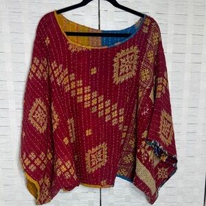 Kantha Boho Red Yellow Blue Oversized Top One Size Reversible Wide Arm Opening
